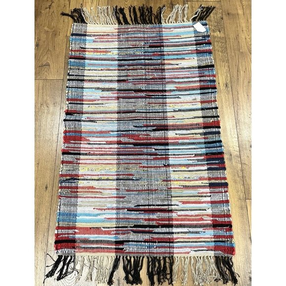 NEW‎ Handmade Woven Rag Rug 26x41 Fringe Tassel Throw Cotton Red Turquoise Taupe - Picture 1 of 11